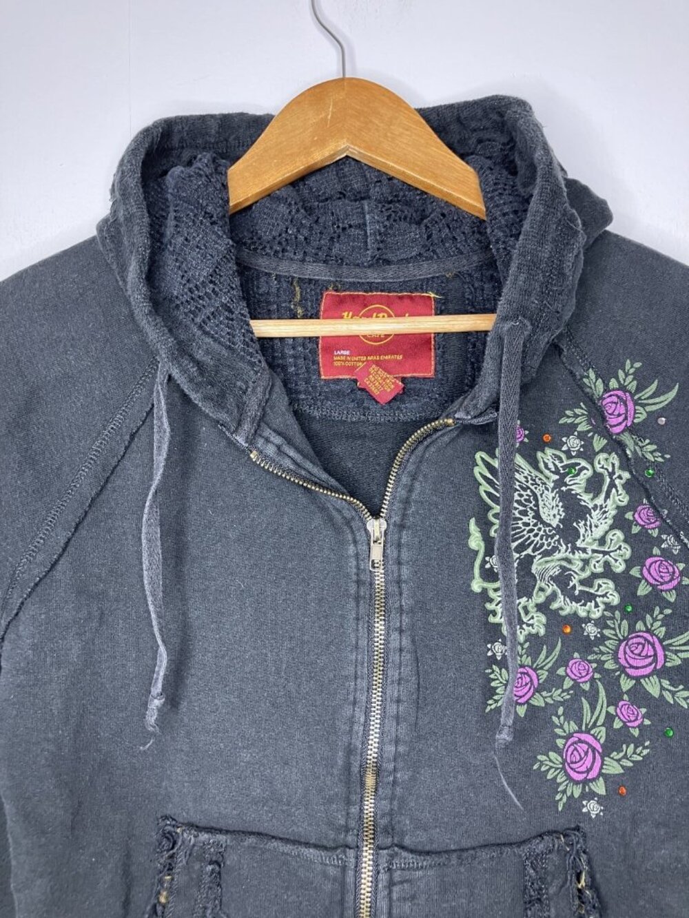 Hard Rock Cafe London Full Zip Hoodie Women's Large Black Skull Rose Y2K - Picture 2 of 13
